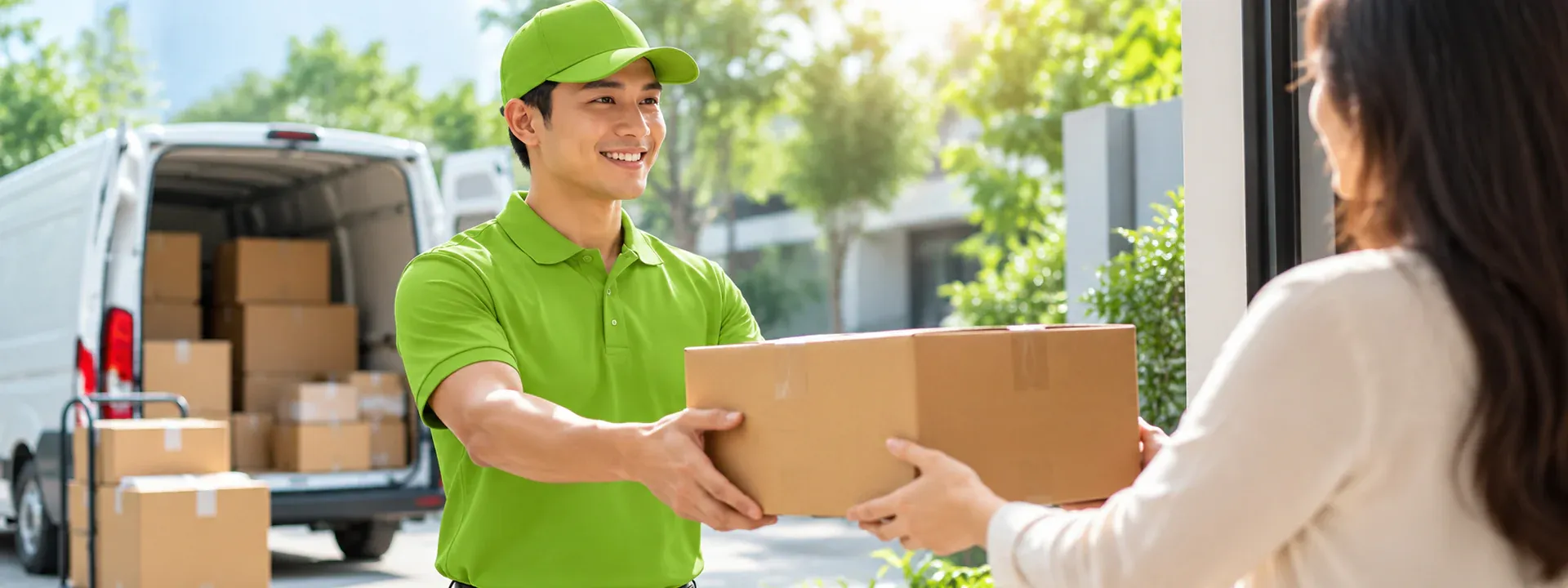 Nhân viên giao hàng trao kiện hàng cho khách hàng
